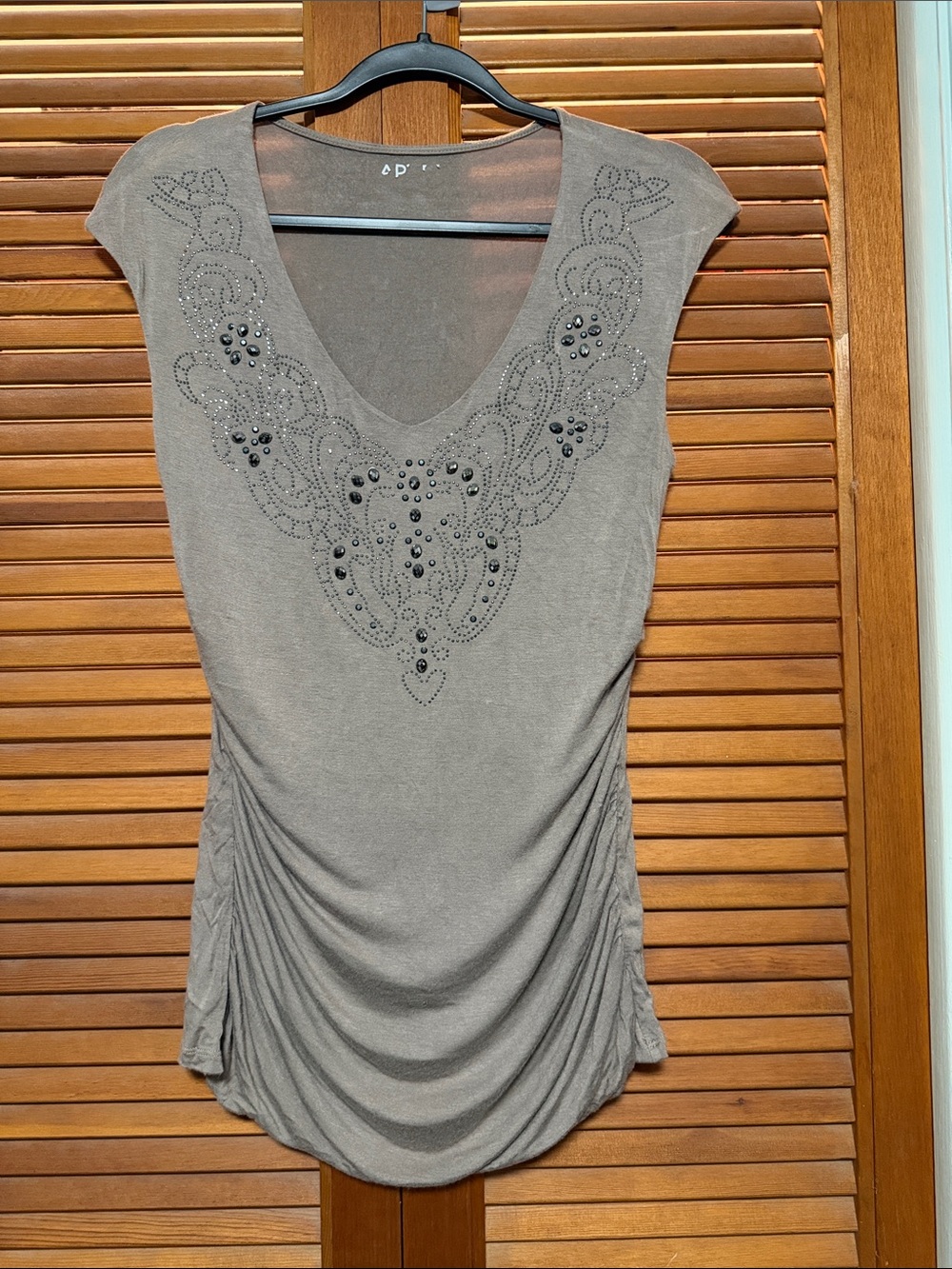 Women's Embellished Taupe Cap-Sleeve Top